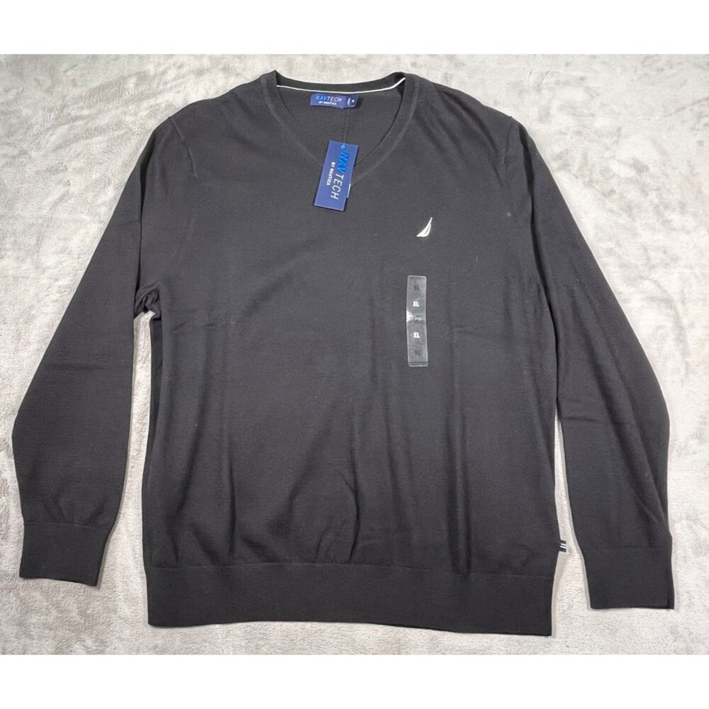 Nautica Navtech V-Neck Sweater Mens XL Black Pullover NEW